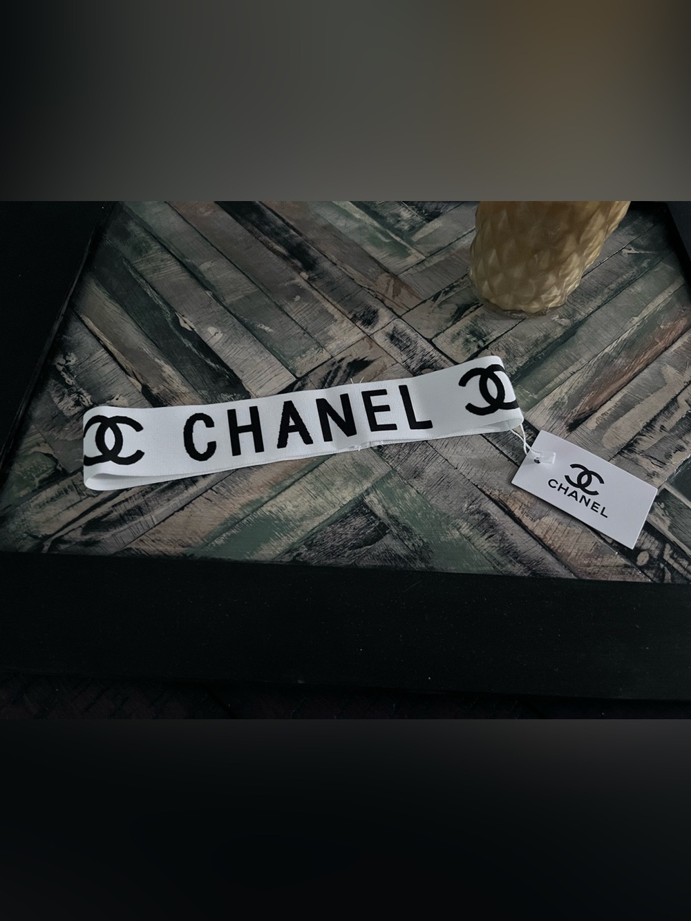CHANEL Black and White Branded Elastic Headband